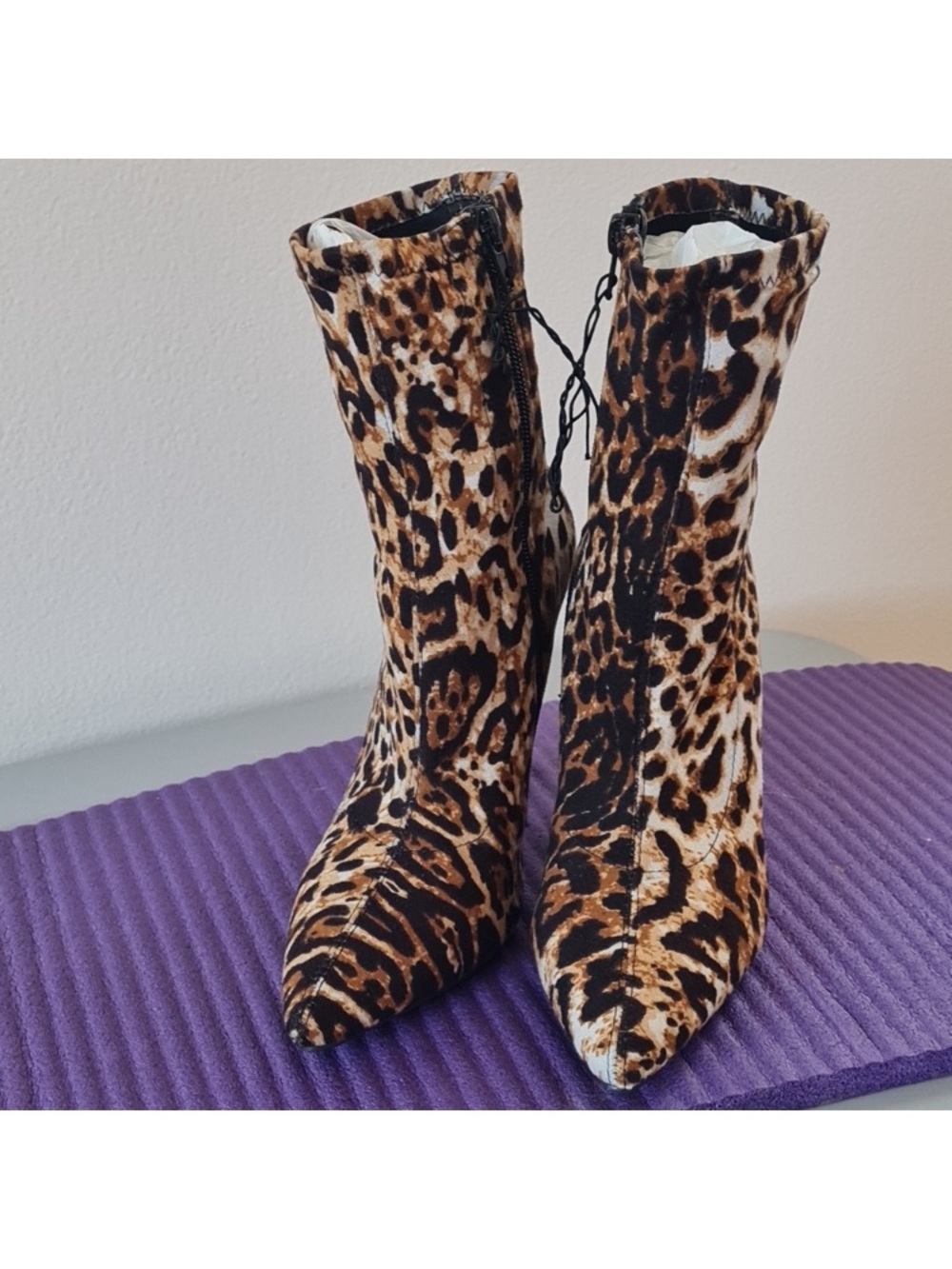So Me Leopard Print Pointed Toe Stiletto Ankle Boots - Brown/Black/Cream - Picture 4 of 10